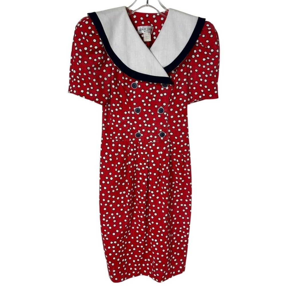 Vintage‎ Leslie Lucks Petites  Short Sleeve Red Polka Dot Dress - Size 2